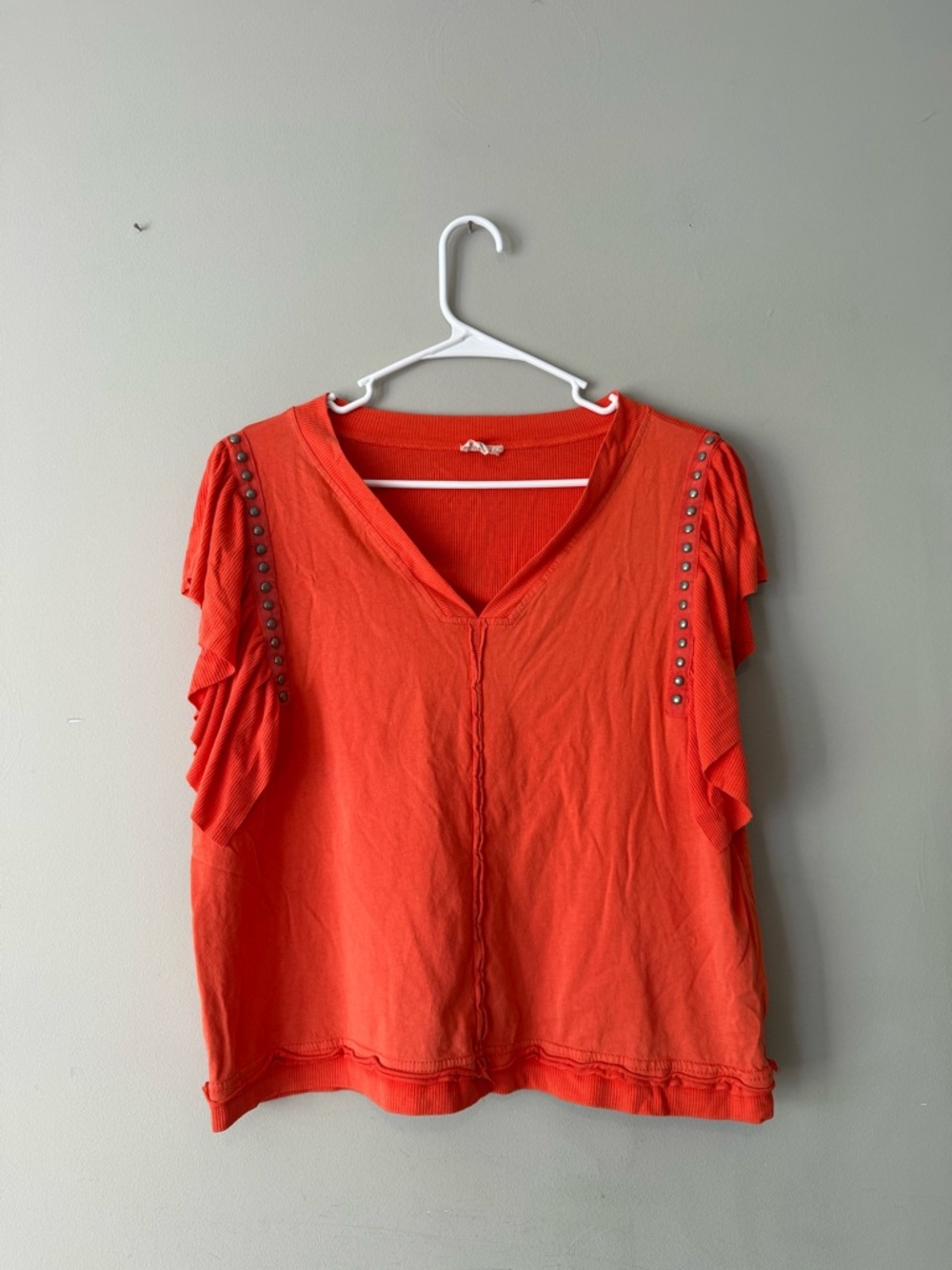 POL Women's Ruffle Sleeve V-Neck Top in Bright Coral